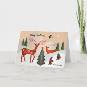 Carte Cerfs communs rouges, lapins, Noël de pie