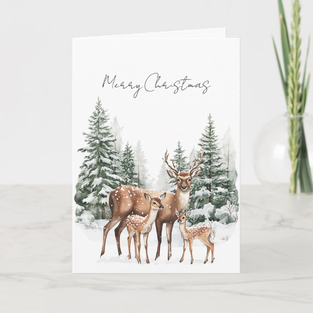 Carte Cerfs dans les arbres de Noël enneigés de pins (Devant)