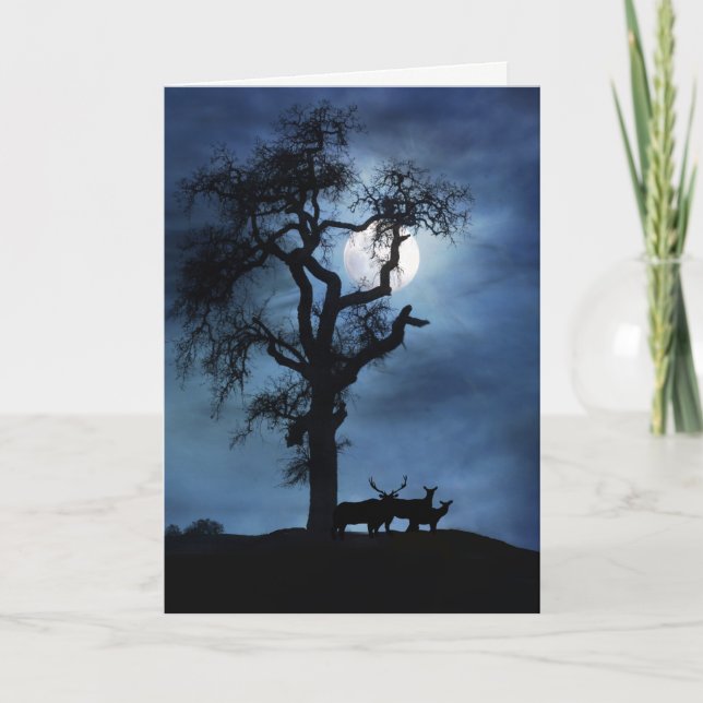 Carte Cerfs élans et arbre au solstice d'hiver (Devant)