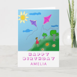 Carte Cerfs-volants mignons et fille dessinant Joyeux An