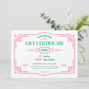 Carte Certificat cadeau d'anniversaire personnalisé