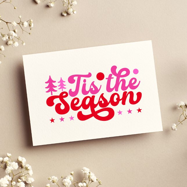 Carte C'Est La Saison Rose & Rouge Non Photo Noël (Retro Christmas Tis the Season Blank Card Pink and Red)