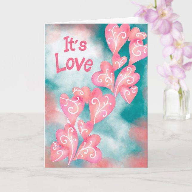 Carte C'est l'amour – Cascade de cœurs roses et sarcelle (Orchidée)