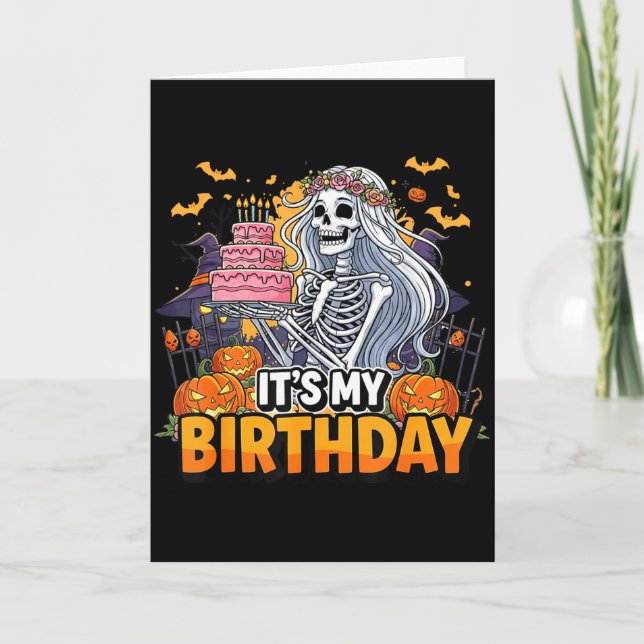 Carte C'est Mon Anniversaire Squelette Halloween Fille A (Devant)