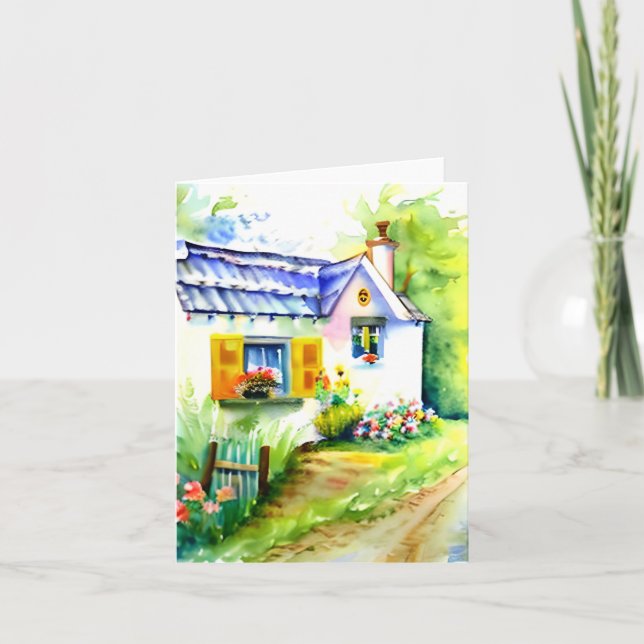 Carte Chalet aquarelle et fleurs personnalisables (Devant)