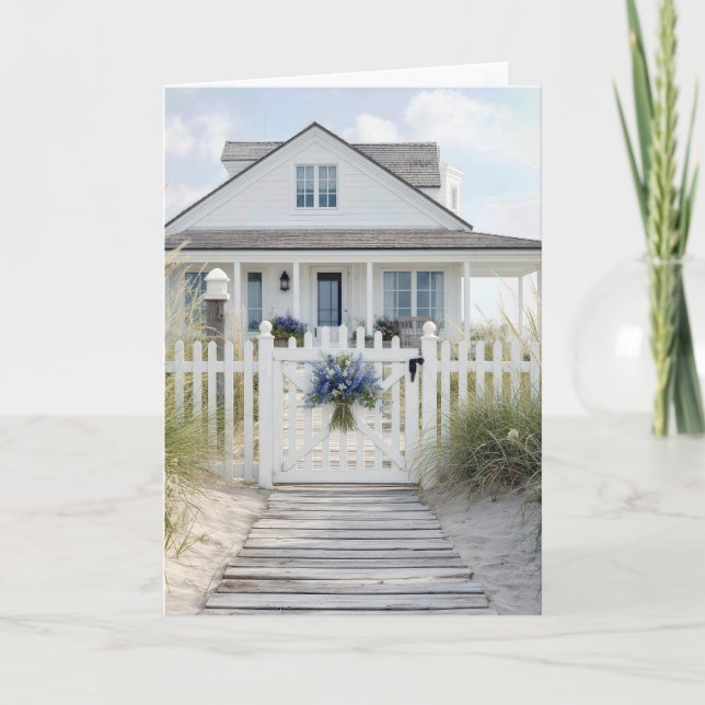 Carte Chalet blanc de plage d'anniversaire dans l'herbe  (Devant)