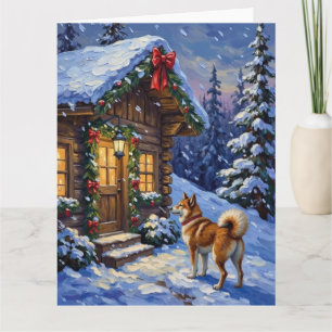 Carte Chalet de Noël avec chien Akita pour les fêtes