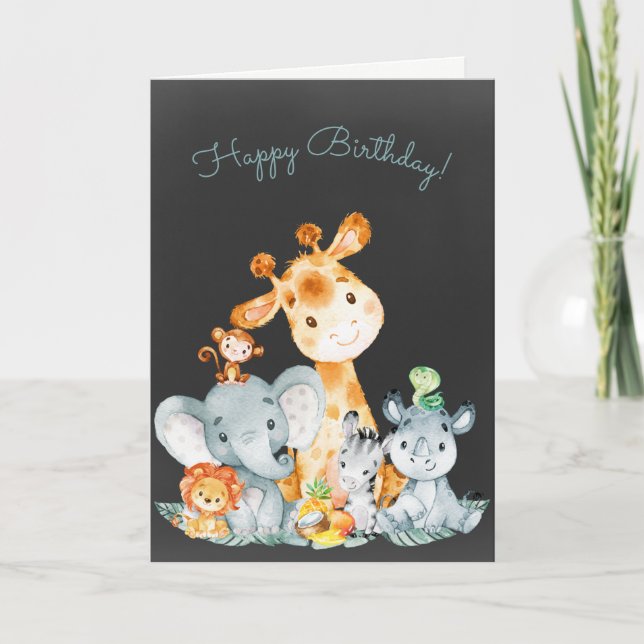 Carte Chalkboard Aquarelle mignonne Jungle Animaux Anniv (Devant)
