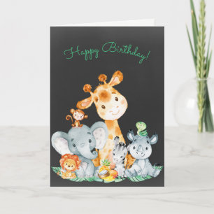 Carte Chalkboard Aquarelle mignonne Jungle Animaux Anniv