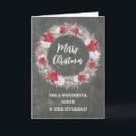 Carte Chalkboard Niece et son mari Joyeux Noël<br><div class="desc">Joyeux Noël pour la nièce et sa carte de mari avec motif de tableau rustique de campagne et couronne enneigée avec poinsettias.</div>