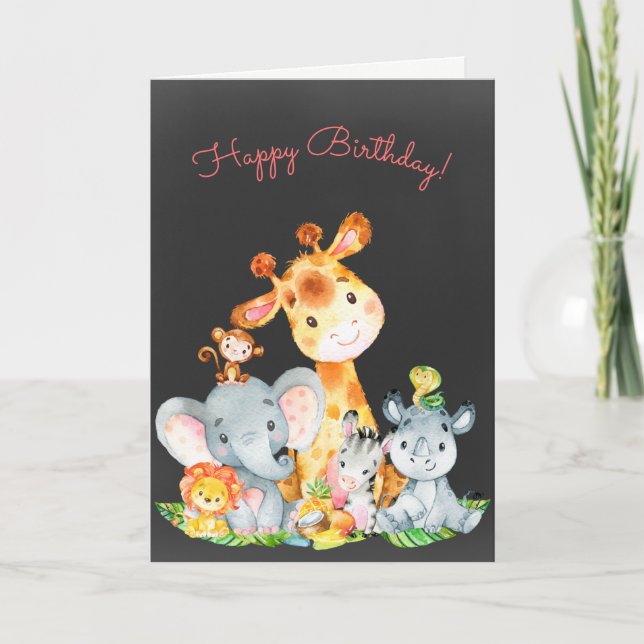Carte Chalkboard Watercolor Cute Jungle Animals Annivers (Devant)