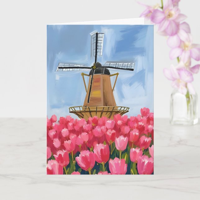 Carte Champ de tulipes moulin à vent hollandais aquarell (Orchidée)