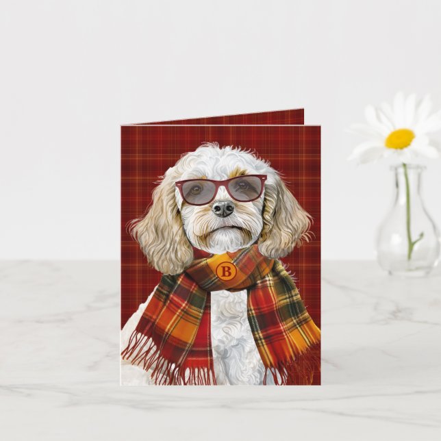 Carte Champagne Cockapoo Chien Vin Plaid Monogrammé (Petite plante)