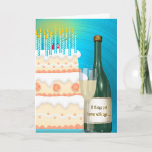 Carte Champagne d'anniversaire et gâteau