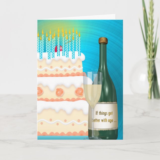 Carte Champagne d'anniversaire et gâteau (Devant)