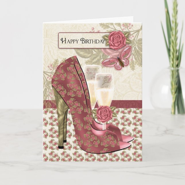 Carte Champagne Et Chaussures Papillon Et Rose Anniversa (Devant)