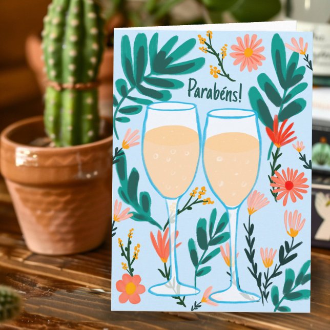 Carte Champagne Pétillant Parabens Mariages Fiançailles (Parabens Sparkling Champagne Casamentos Noivado Card Cartão Parabéns de Noivado Champanhe Flores)