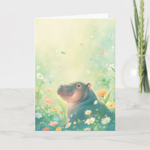 Carte Champs de fleurs et Hippo heureux