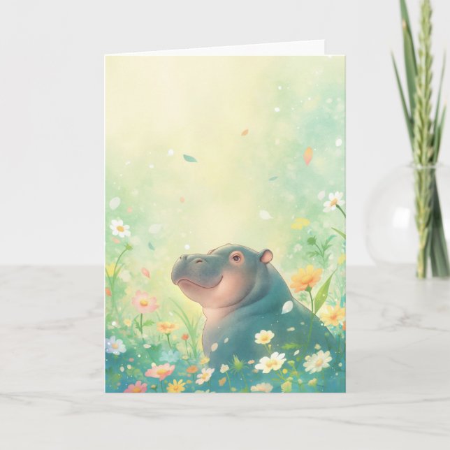 Carte Champs de fleurs et Hippopotame heureux (Devant)