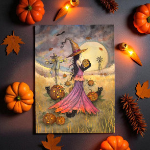 Carte Champs d'octobre Sorcière et chats de fantaisie Ha