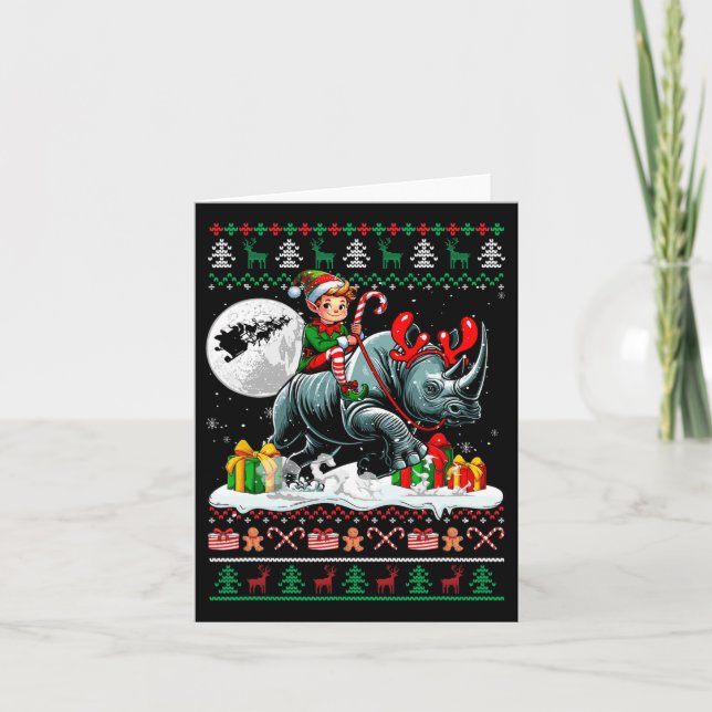 Carte Chandail de Noël Elf Riding Rhino Correspondance E (Devant)