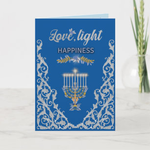 Carte Chandelier de Hanukkah bleu élégant ornemental