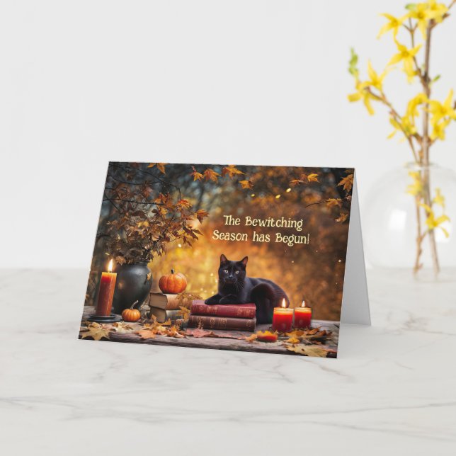Carte Chandelles Halloween Witchween Noir Chat Mystique (Fleur jaune)