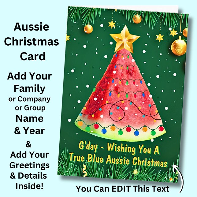Carte Changer de texte, pastèque qui souhaite la vraie A (Watermelon Christmas Tree Australian Christmas Card)