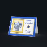 Carte Chanoukah ami le plus cher Menorah contemporaine<br><div class="desc">Happy Chanukah Dearest Friend,  menorah contemporain avec bougies bleues,  carte de voeux en papier. Illustration numérique avec une menorah éclairée et une étoile de David. Copyright © Shoaff Ballanger Studios,  2024.</div>