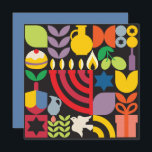 Carte Chanukah Hanoukka Menorah Donut Etoiles juives<br><div class="desc">Hanoukka / Chanukah Colorful Modern Geometric Motif Carte de voeux. Menorah, Dreidel, Jewish Stars, Donut & Olive Oil... ils sont tous là. Symboles Hanoukka juifs Espace pour ajouter votre texte personnalisé au verso. Heureux souhaits d'Hanoukka. L'hébreu à l'intérieur dit "Chanukah Sameach". (Heureux Chanoukah). Ce haut de gamme, regardez, est une...</div>