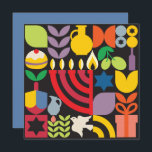 Carte Chanukah Hanoukka Menorah Donut Etoiles juives<br><div class="desc">Hanoukka / Chanukah Colorful Modern Geometric Motif Carte de voeux. Menorah, Dreidel, Etoiles Juives, Donut & Huile d'Olive... ils sont tous ici. Symboles Hanoukka juifs Espace pour ajouter votre texte personnalisé au verso. Heureux souhaits d'Hanoukka. L'hébreu à l'intérieur dit "Chanukah Sameach". (Heureux Chanoukah). Ce haut de gamme, regardez, est une...</div>