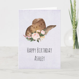 Carte Chapeau de cowgirl marron avec fleurs roses Annive