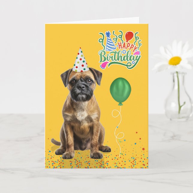 Carte Chapeau de fête de Border Terrier Dog jaune Annive (Petite plante)