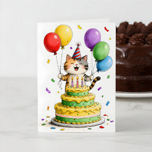 Carte Chapeau de fête de chat fantaisiste Gâteau Ballons