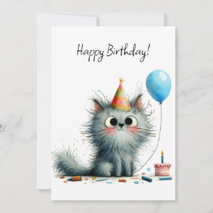 Carte Chapeau de fête de chat gris fantaisiste ballon an