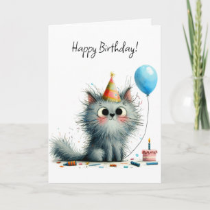 Carte Chapeau de fête de chat gris fantaisiste ballon an