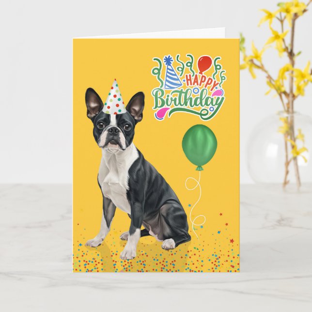 Carte Chapeau de fête de chien Terrier de Boston Jaune A (Fleur jaune)