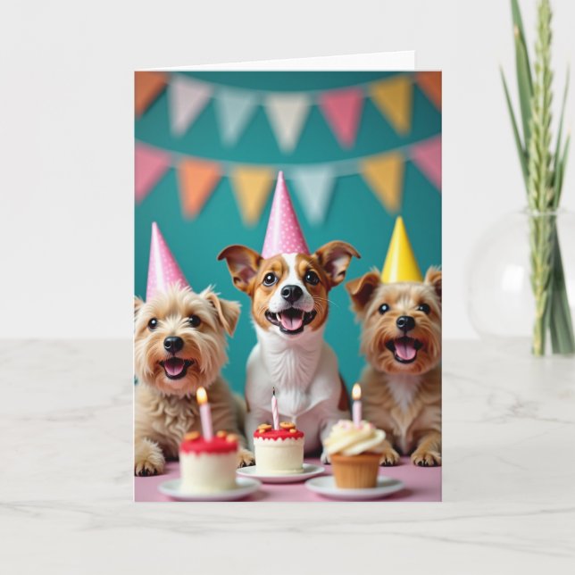 Carte Chapeau de Fête de Chiots Joyeux (Devant)