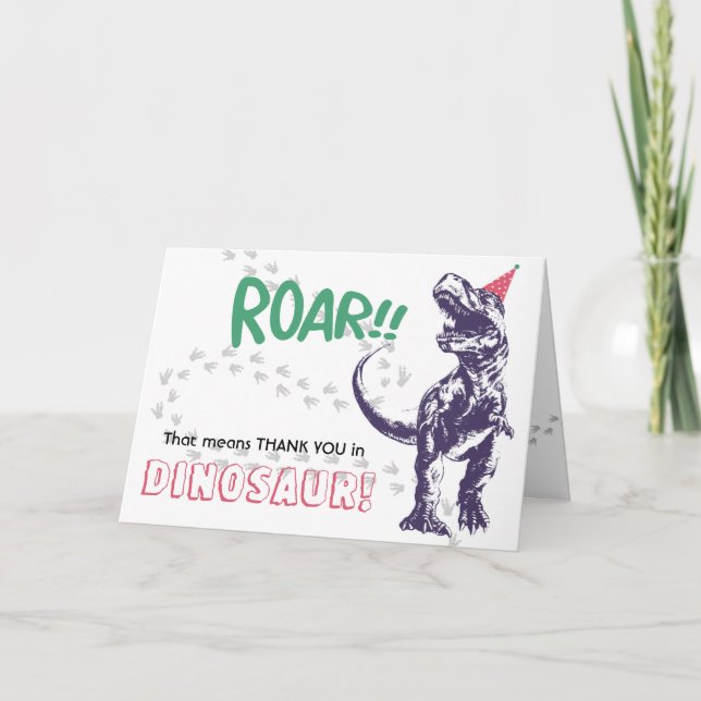 Carte Chapeau de fête Dinosaure T-Rex Rose & Violet Merc (Devant)