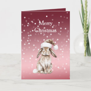 Carte Chapeau de lapin de Noël à points bokeh rouge blan