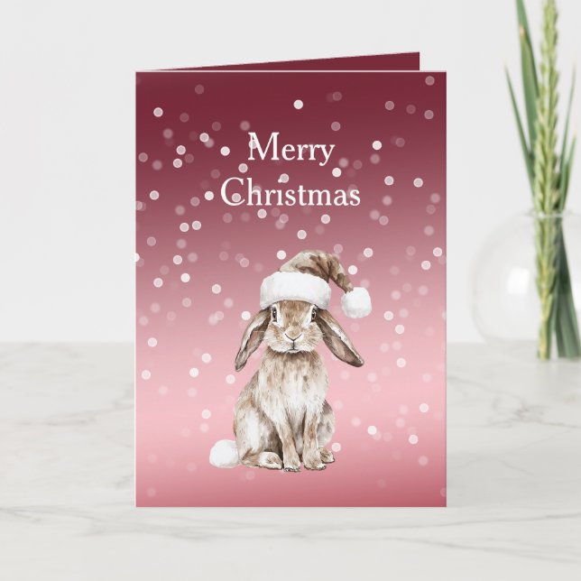 Carte Chapeau de lapin de Noël à points bokeh rouge blan (Devant)