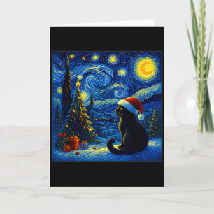 Carte Chapeau de Père Noël Chat Noir Van Gogh Nuit Étoil