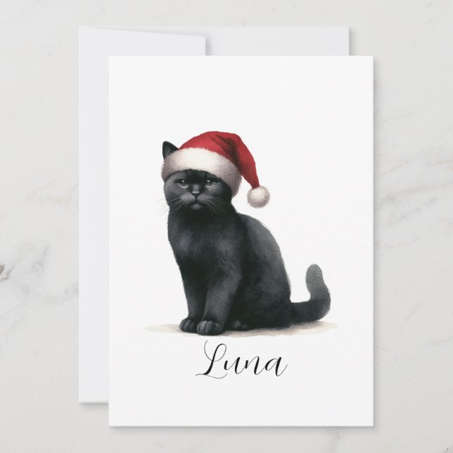 Carte Chapeau de Père Noël Festif Chat Noir Aquare (Devant)