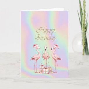 Carte Chapeau de Santa Flamants Roses Anniversaire Holo