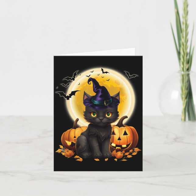 Carte Chapeau de Sorcière Chat Citrouille Lune Chat Noir (Devant)