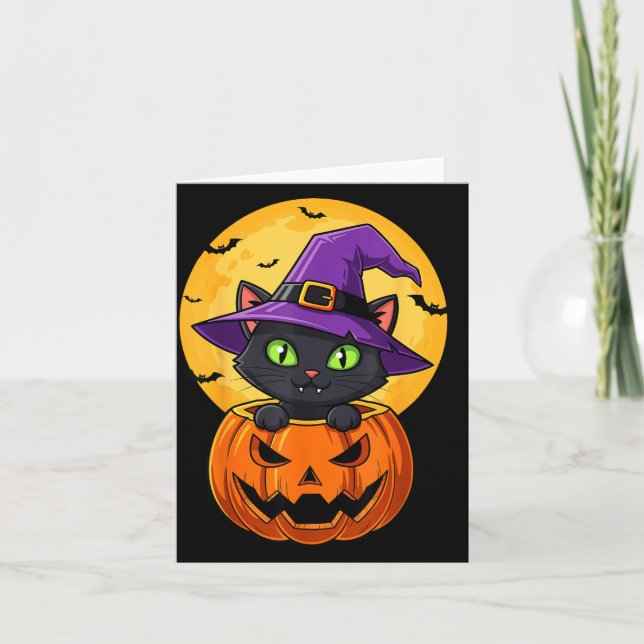 Carte Chapeau de sorcière chat noir mignon dans citrouil (Devant)