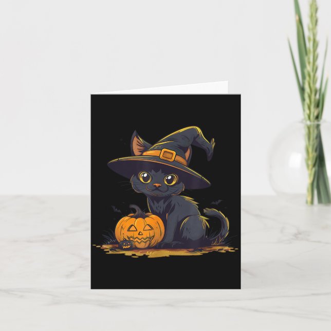 Carte Chapeau de sorcière de chat noir Halloween mignon  (Devant)