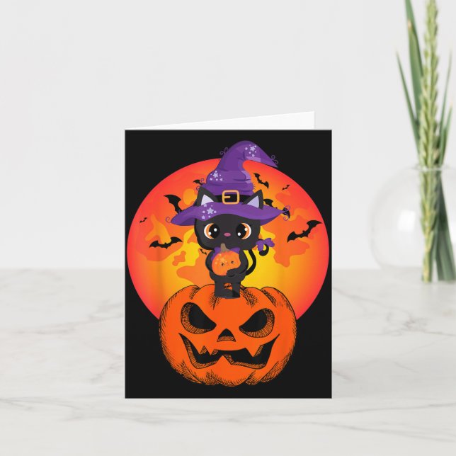 Carte Chapeau de sorcière de chat noir Halloween mignon  (Devant)