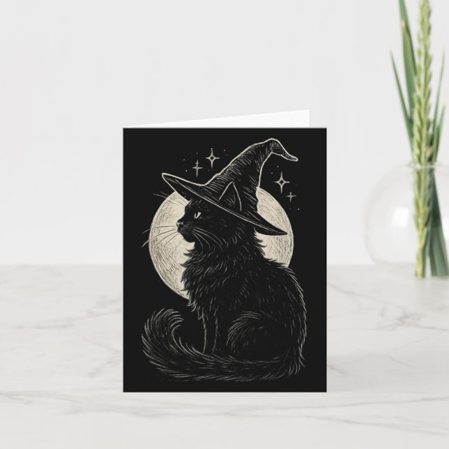 Carte Chapeau de sorcière de chat noir mignon Lune Rétro (Devant)