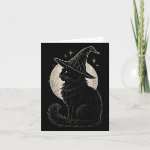 Carte Chapeau de sorcière de chat noir mignon Lune Rétro